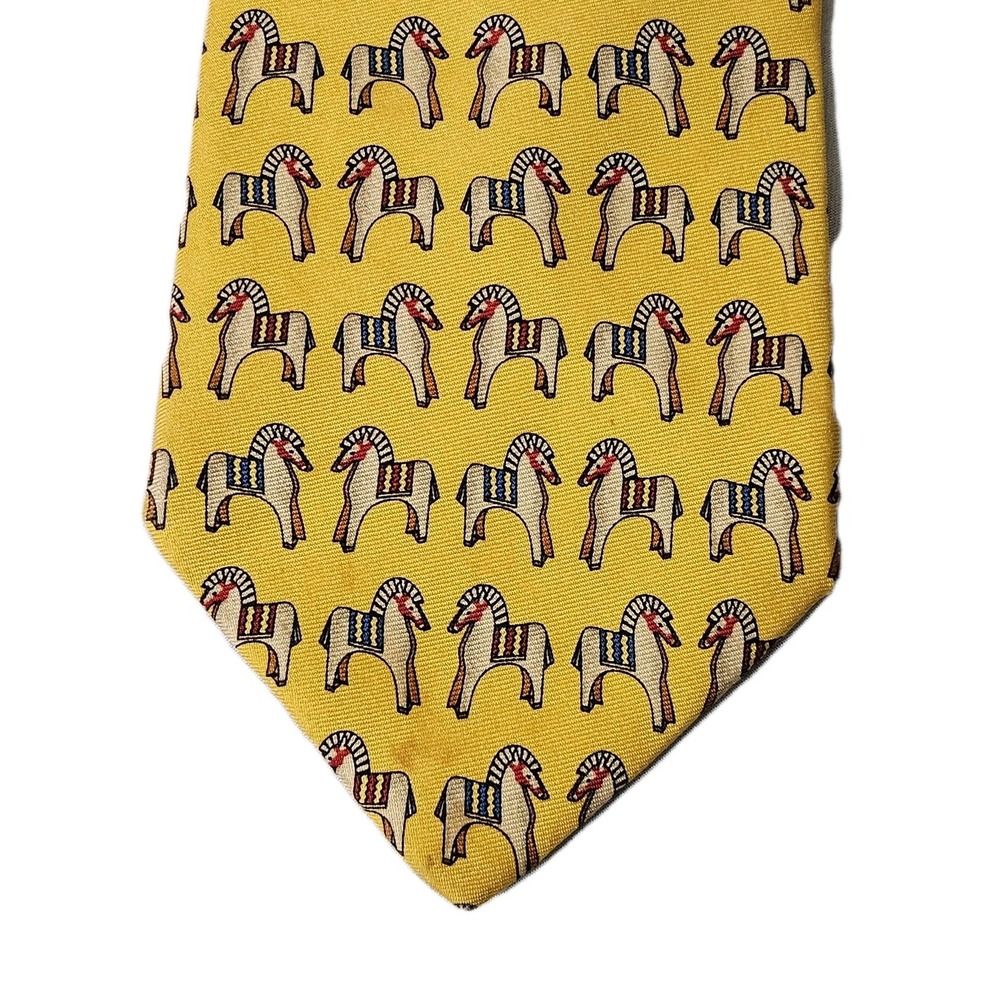 Brooks Brothers Makers Yellow Red Blue HORSES Necktie Neck Tie Silk Handmade USA